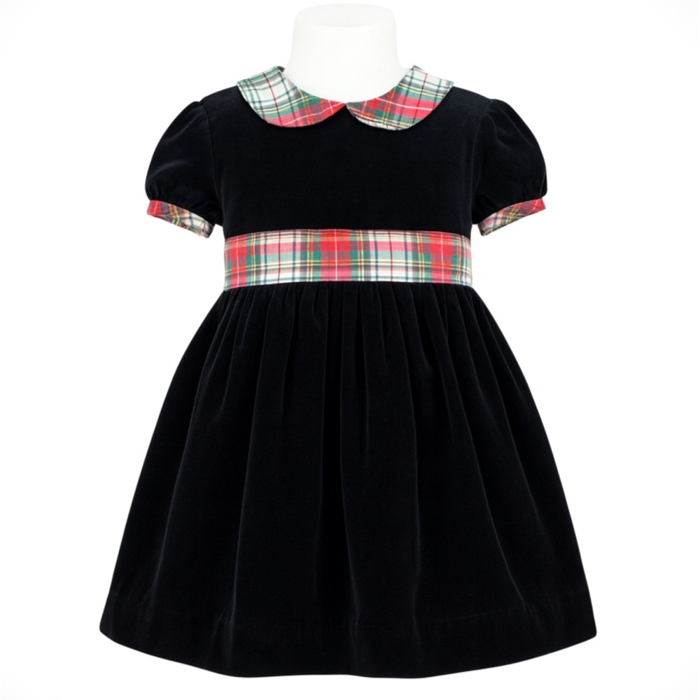 The Beaufort Bonnet Company Black Velvet Plaid Christmas Dress Girls 7 Holiday